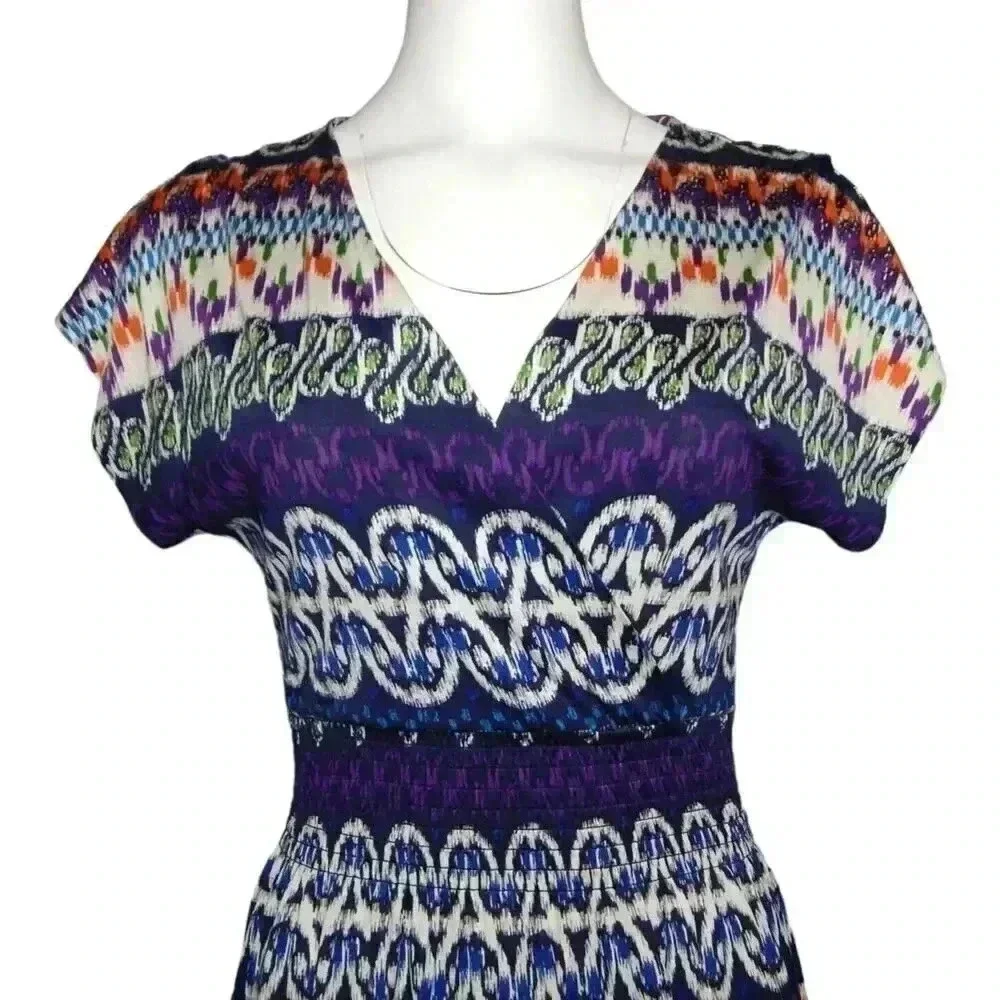 Tory Burch ARJETA Silk Dress Purple Blue Multicolor Cap Sleeve V-Neck Size Small